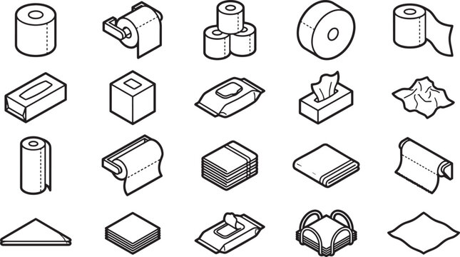 A collection of various hygiene paper product icon in line art.