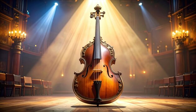 A beautifully crafted antique Baroque viol rests under dramatic stage spotlights, ready for a classical performance.