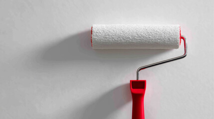 Fototapeta premium Hand painting a white interior wall with a roller during a home renovation project.