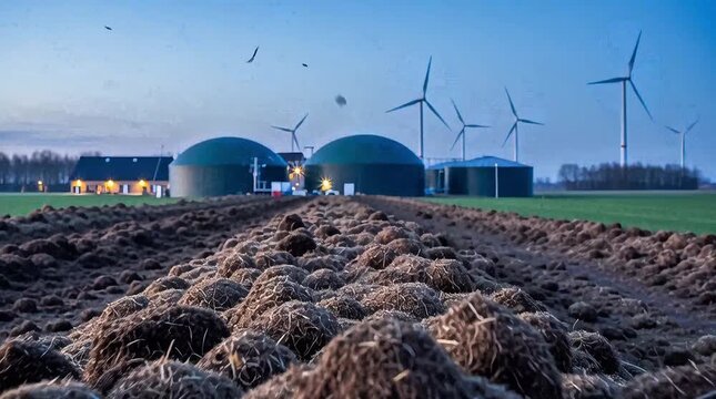 Renewable energy production footage showing manure piles near biogas digesters and wind turbines