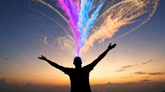 Surreal Silhouette of Man with Vibrant Colorful Light Explosion and Golden Particle Trails Bursting from Head at Sunset - Concept of Creativity, Brainstorming, and Mental Energy