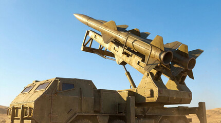 Obraz premium Powerful military missile system poised for strategic defense, showcasing advanced weapon technology and national security readiness under a clear sky