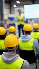 Fototapeta premium Industrial workers wearing yellow safety helmets and reflective vests attending a workplace safety training session in a factory.