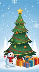 Obraz premium Christmas Tree with Snowman and Gifts.