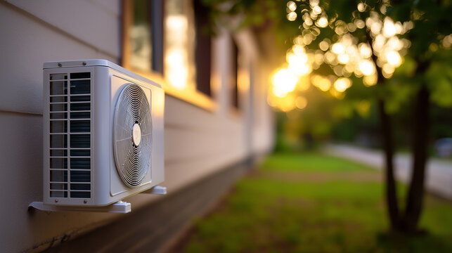 Outdoor air conditioning unit installed on the exterior wall of a modern house during warm sunset light.