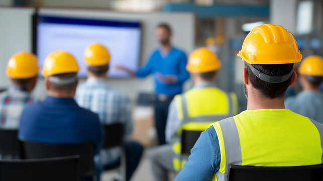 Industrial workers wearing yellow safety helmets and reflective vests attending a workplace safety training session in a factory.