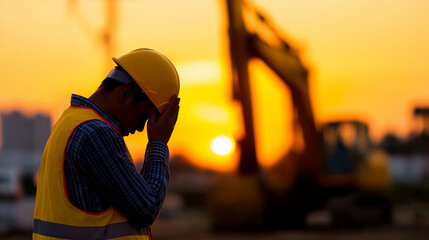 Fototapeta premium Stressed construction worker holding his head after making a mistake on a building site at sunset.