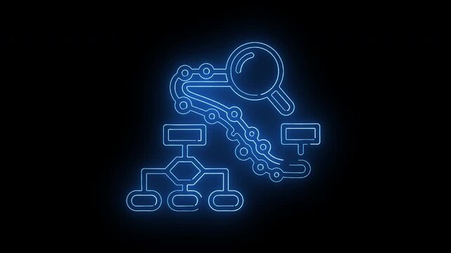 Neon-lit blue flowchart diagram with magnifying glass on a black background.
