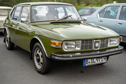 LINTHE, GERMANY &ndash; JUNE 08, 2025: Compact executive car Saab 99E, 1971. Die oldtimer show.