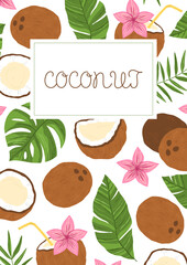 Tropical coconut vector pattern with label frame on white background, fruit vertical border illustration, summer decor, island vibe, beach party