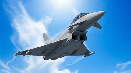 Powerful advanced combat jet aircraft soars through a clear blue sky, symbolizing cutting-edge aerospace engineering and strategic air defense