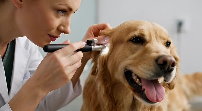 Veterinarian checking a golden retriever dog's ear with an otoscope tool