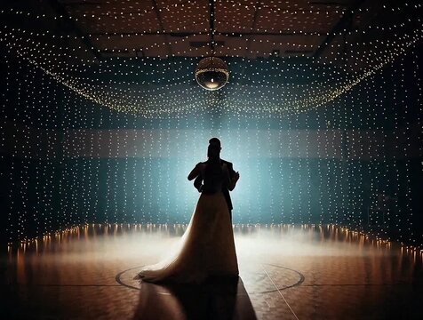 Newlywed couple dancing together under sparkling lights on their wedding day with romantic atmosphere and disco ball