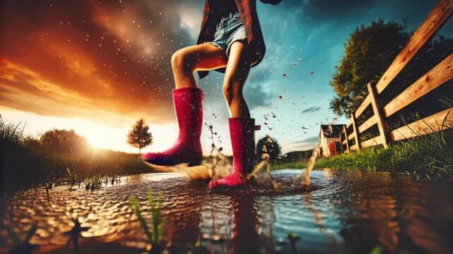 Video of woman running through muddy puddle wearing pink rubber boots creating powerful splash