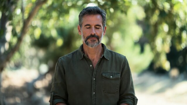 Man is sitting in a park, looking at the ground. He is wearing a green shirt and has a beard. The scene is peaceful and calm, with the man taking a moment to relax and enjoy the outdoors