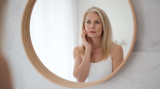 Video of middle aged woman looking into round mirror with thoughtful and slightly concerned expression