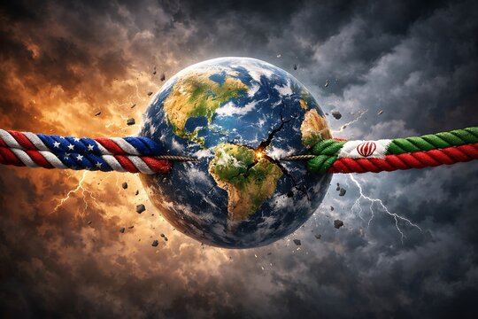 Silhouette of earth with usa and iran flag ropes in dramatic conflict