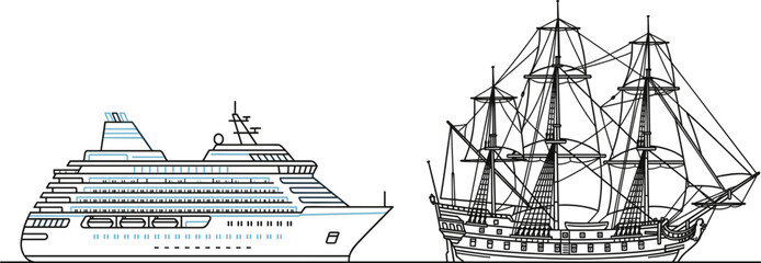 Modern cruise ship and historic sailing ship comparison line vector illustration showing evolution of maritime transportation and ocean travel © pappa
