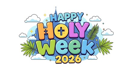 Fototapeta premium Colorful happy holy week 2026 text with clouds and plants on white background