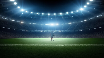 Fototapeta premium Football player in the stadium at night. An imaginary stadium is modelled and rendered. 