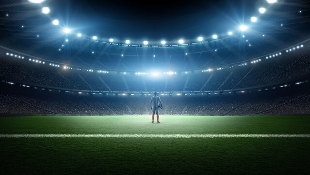 Football player in the stadium at night. An imaginary stadium is modelled and rendered.	