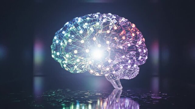 Colorful glowing digital brain with network connections and light bursts