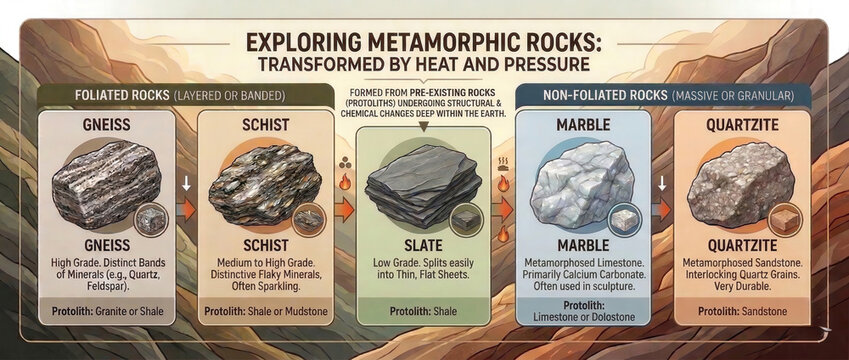Metamorphic Rocks Infographic: Foliated and Non-Foliated Classification with Protoliths and Formation Process
