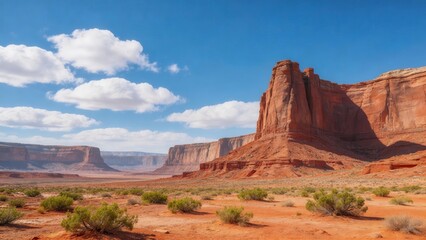 Red Rock Canyon Landscape With Towering Sandstone Cliffs And Desert Vegetation Under Blue Sky With White Clouds,PremiumDesign,ModernStyle,PremiumDesign,ModernStyle,Style,Style