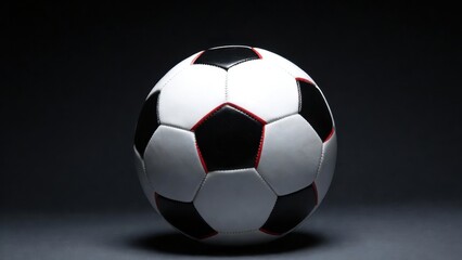 Fototapeta premium Soccer ball is shown in black and white. The ball is the center of the image and is surrounded by a dark background. Concept of focus and simplicity, as the ball is the main subject