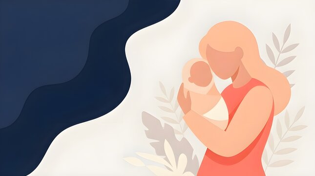 Mother holding her baby with gentle touch and love illustration, Beautiful young mother holds a baby. The concept of family, motherhood, pregnancy. Modern vector flat illustration. Clipart for design