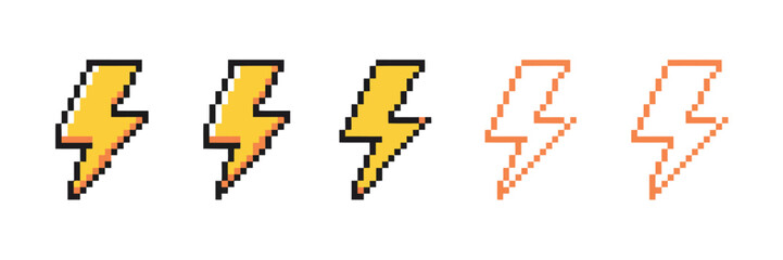 Fototapeta premium Pixel Lightning Energy Bar Vector Set Featuring 8bit Battery Power Charge Interface Indicator for Retro Video Game Health Status Design