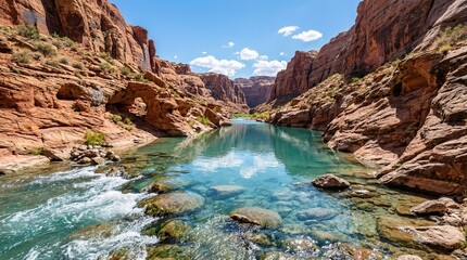 Scenic Canyon River Landscape with Blue Water and Red Rock Cliffs Under a Sunny Sky