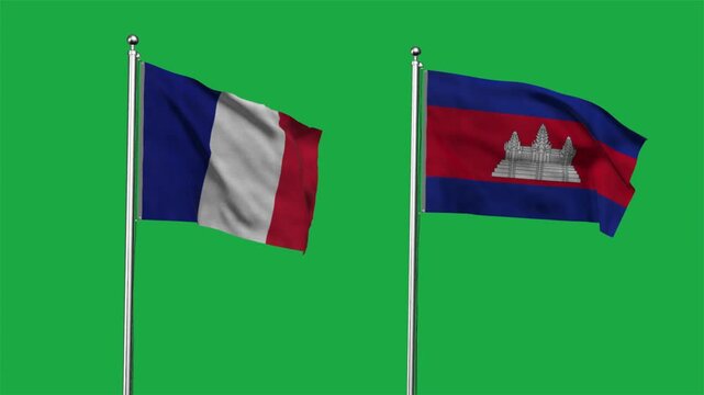 France and Cambodia Waving Flags, 3D Illustration.