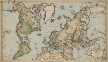 Fototapeta premium A detailed antique world map, showcasing historical cartography with hand-colored continents and ocean depths, evoking a sense of exploration and global history