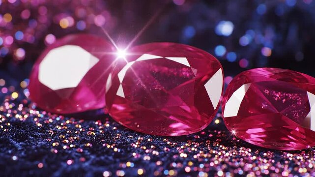 Macro Rubies or Pink Gemstones Sparkling on Glittering Purple Surface