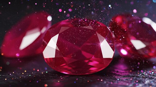 Group of red rubies or garnets on a dark surface with colorful glitter particles