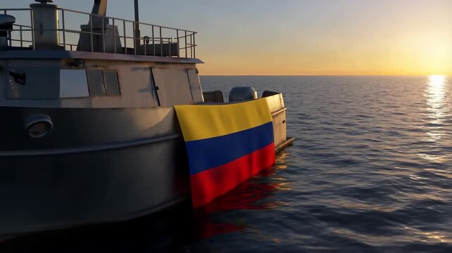 Boat with Colombian flag on calm sea at sunset, representing maritime travel and national pride. featuring ship, vessel, yacht with watercraft and