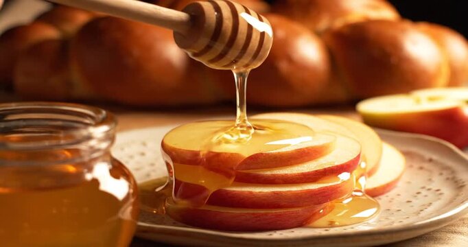 Sliced apples drizzled with honey on a plate, with fresh bread in the background