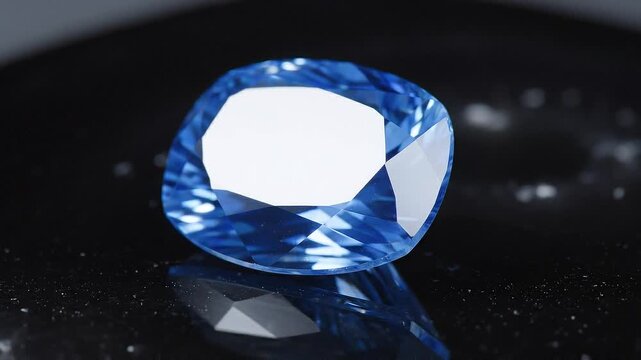Rotating view of a beautiful light blue sapphire gemstone with bright lens flares