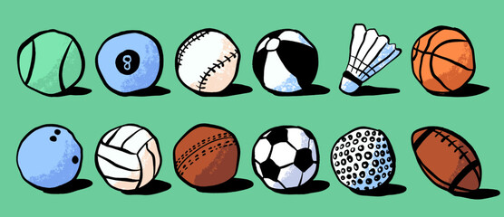 Fototapeta premium Colorful hand-drawn illustration set of various sports balls arranged in two rows on a green background. perfect for sports themes, education, posters, and kids design projects