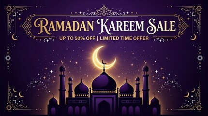 Naklejka premium Ramadan Kareem Sale Promotional Background with Mosque and Crescent Moon