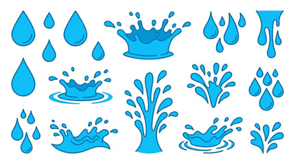 Naklejka premium Various blue water splash illustrations showcasing droplets and splashes in different styles