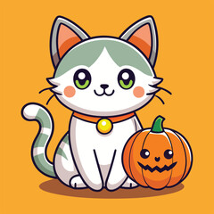 Obraz premium Cute cartoon cat with pumpkin Halloween vector