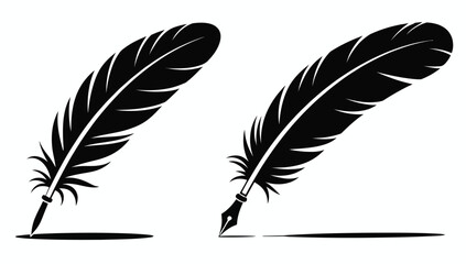 Black, feather quill silhouettes on white background, vintage writing tool icons, classic literature and calligraphy concept, elegant pen design, editable vector illustration. © Vector Gallery