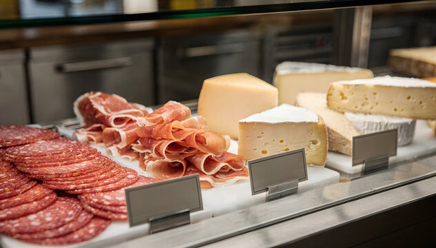 Gourmet charcuterie and cheese selection on display at a deli counter, showcasing fresh, high-quality deli meat and artisanal cheese varieties