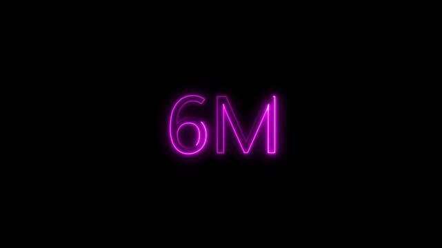 Pink and Purple Neon Glowing 6M Text Animation on Black Background, Minimalist Futuristic Electric Signage for Science Tech and Innovation Projects, High Contrast Digital Alpha Loop Overlay
