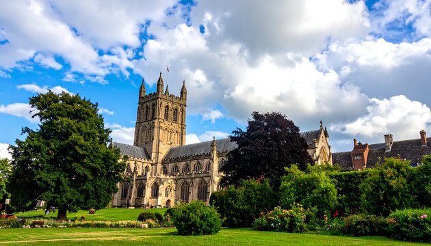 Malvern Priory Church - A Majestic View Under a Cloudy Sky.