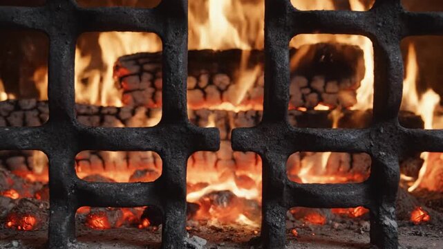 Burning Fire in Metal Grid Furnace.