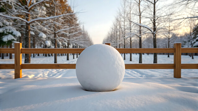 Snowman standing beside a wooden fence in a winter landscape