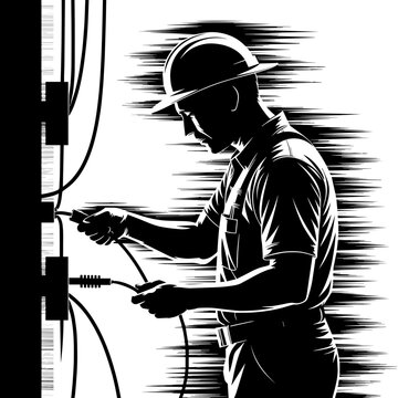 Skilled Electrical Technician Wiring Cables in Graphic Monochromatic Silhouette for Industrial Service Blogs, Workplace Safety Training, and Construction Trade Promotion